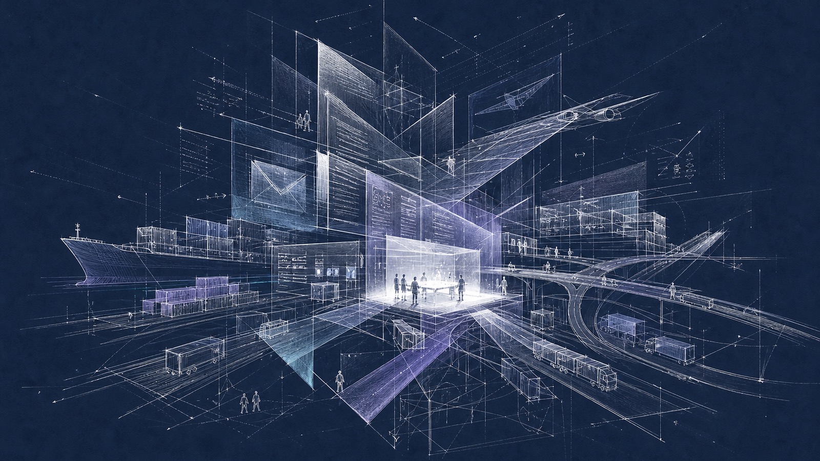 Abstract architectural blueprint combining a container ship, aircraft, road freight, documents and people around an illuminated human review space.