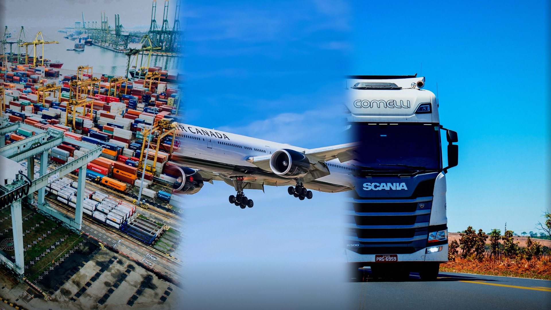 Composite of ocean container terminal, aircraft in flight, and road freight truck on highway